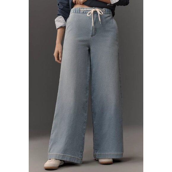 Pilcro Denim-Knit Pull-On High-Rise Wide-Leg JeansDENIM LIGHT  LARGE NWT - Picture 2 of 4